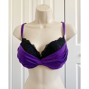Cacique Ruched Purple & Black Lace Bra – Flattering & Supporting Plunge – 40C